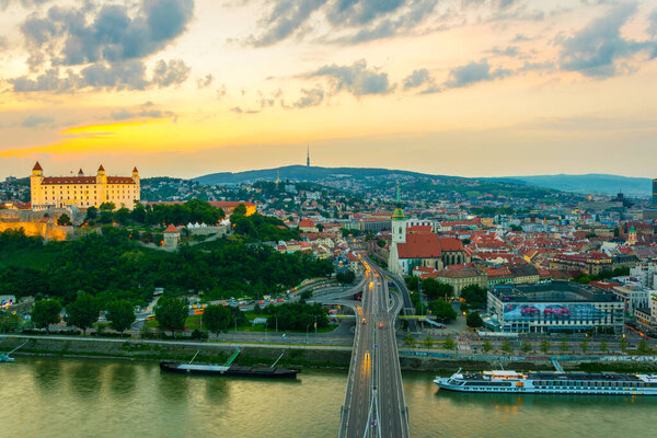 Panoramic view of Bratislava with the Castle, Saint Martin cathedral and Old Town at Sunset