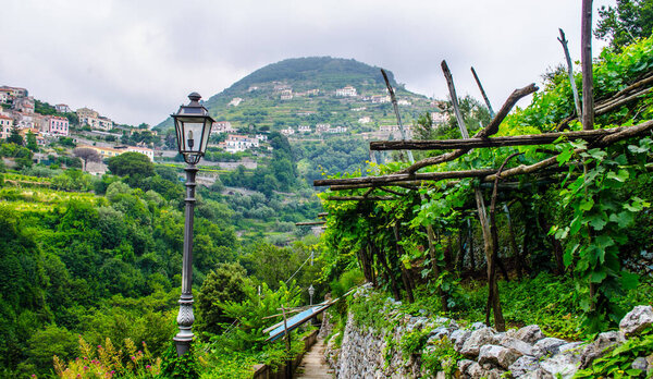 View of steep hills of amalfi coast in italy in area near ravello city and atrani village.