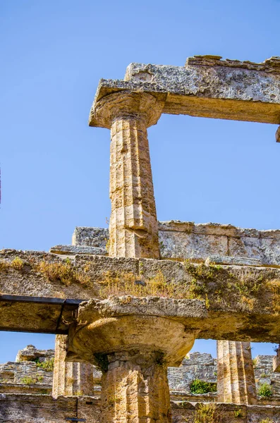 Paestum 'daki antik harabe tesisinde bulunan Nettuno tapınağının ayrıntılı görüntüsü