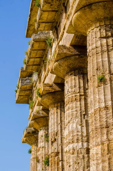 Detailní Pohled Chrám Nettuno Nachází Starobylém Zříceninovém Komplexu Paestu — Stock fotografie