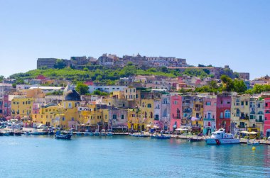 view of the main port of procida island in italy situated near naples.