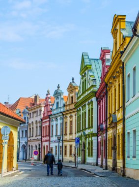 view of colorful facades of old style houses situated next to the velke namesti square in historical part of czech city hradec kralove