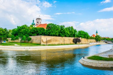 Macaristan 'ın Gyor şehrindeki nehrin üzerindeki piskopos kalesi ve katedral kulesi