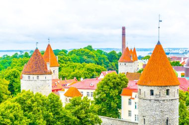 Aziz Olaf Kilisesi 'nin hakim olduğu eski Tallin şehrinin havadan görünüşü, Estonya