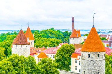 Aziz Olaf Kilisesi 'nin hakim olduğu eski Tallin şehrinin havadan görünüşü, Estonya