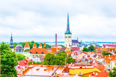 Aziz Olaf Kilisesi 'nin hakim olduğu eski Tallin şehrinin havadan görünüşü, Estonya