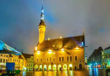 Estonya 'nın Tallin kentindeki belediye binasının gece manzarası