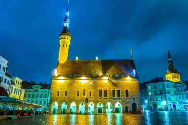 Estonya 'nın Tallin kentindeki belediye binasının gece manzarası