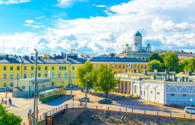 Aerial view of Helsinki with the Helsinki cathedral rising above surrounding cityscape, Finland