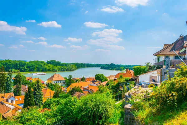 Luchtfoto Van Szentendre Stad Hongersnood Met Danube Rivier Achtergrond — Stockfoto