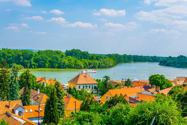 Luchtfoto Van Szentendre Stad Hongersnood Met Danube Rivier Achtergrond — Stockfoto