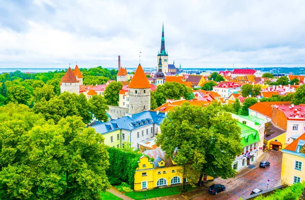 Aziz Olaf Kilisesi 'nin hakim olduğu eski Tallin şehrinin havadan görünüşü, Estonya