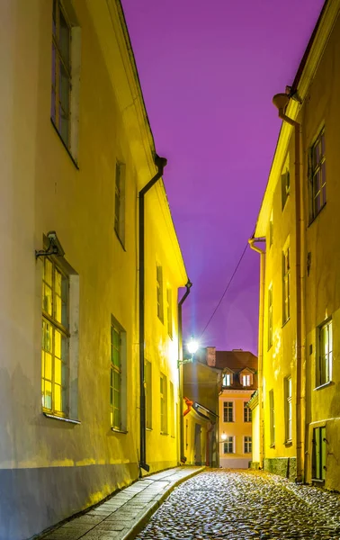 Estonya 'nın Tallin şehrinin Toompea bölgesinde gece boyunca renkli yüzlü evler