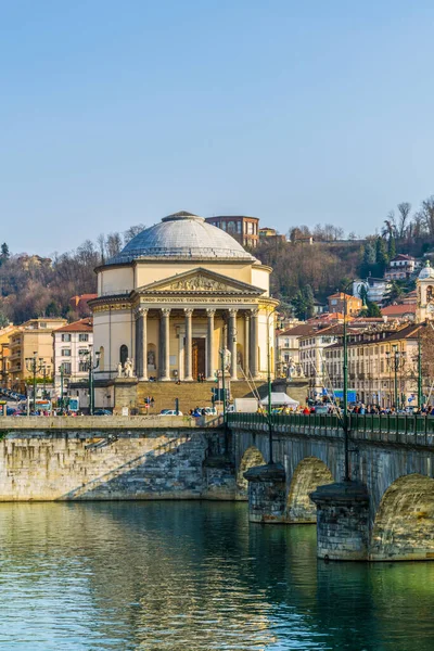 People Crossing Bridge River Front Gran Madre Dio Church Turin — Stock Fotó