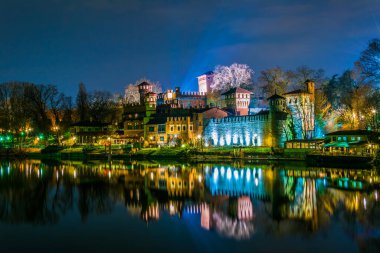view of borgo medievale castle looking buidling in the italian city torino during night