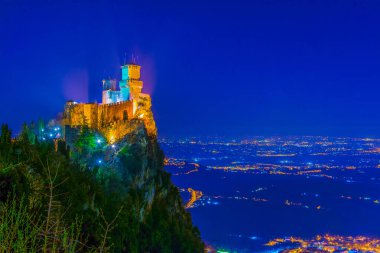 Night view of the Guaita, the First Tower of San Marino
