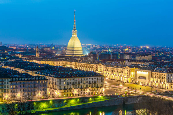 Night aerial view of the italian city torino