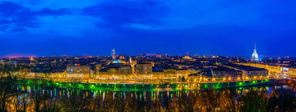 Night aerial view of the italian city torino