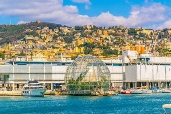 Bir akvaryum ve Renzo Piyano 'nun tasarladığı biyosfer yeşili ev tarafından yönetilen Cenova Limanı manzarası