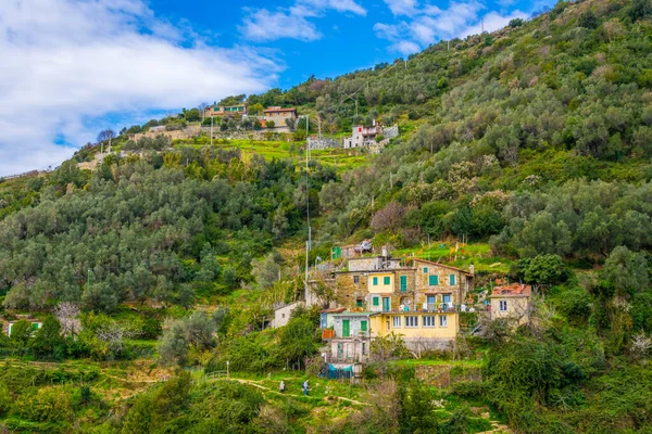 İtalya 'daki Cinque Terre Ulusal Parkı' nın içinde yer alan küçük bir yerleşim yerinin görüntüsü.