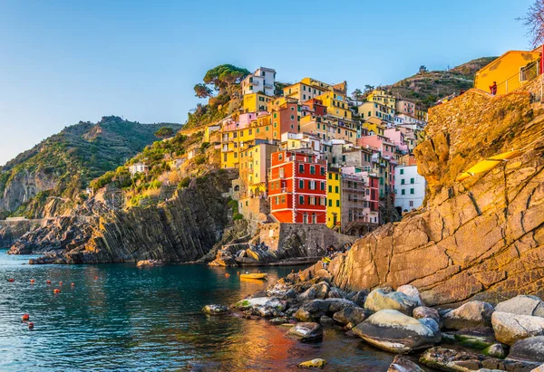 Village Riomaggiore Éclairé Coucher Soleil Cinque Terre Italie — Photo