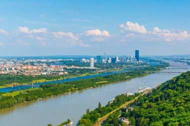 Aerial view of danube river, donauinsel island and vienna international center from kahlenberg hill in vienna