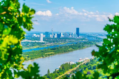 Viyana Uluslararası Merkezi 'nin Viyana' daki Kahlenberg Tepesi 'nden yemyeşil bitki örtüsü üzerinden havadan görünüşü