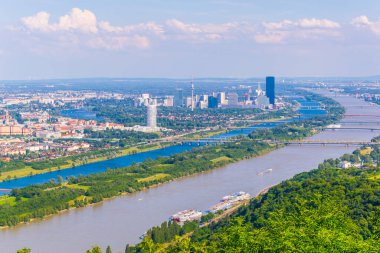Aerial view of danube river, donauinsel island and vienna international center from kahlenberg hill in vienna