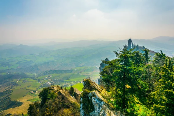 Aerial View First Guaita Tower San Marino Second Tower Cesta — стоковое фото