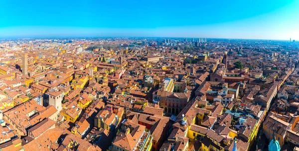 Aerial view of Via zamboni and ist neighborhood including Basilica di San Giacomo Maggiore and a business district in the italian city Bologna.