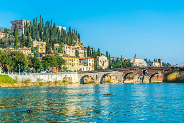 Ponte Pietra Köprüsü 'nün Adige Nehri üzerindeki manzarası ve San Pietro Kalesi İtalyan şehrinin tepesindeki Verona tepesi.