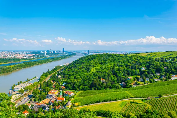 Luchtfoto Van Danube Rivier Kahlenbergdorf Dorp Donauinsel Eiland Vienna Internationaal — Stockfoto