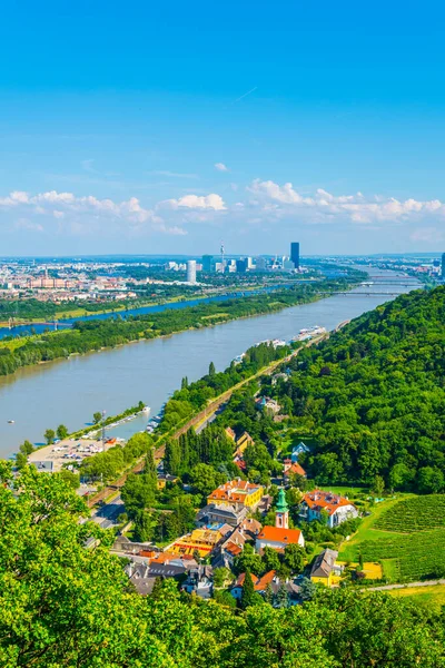Aerial View Danube River Kahlenbergdorf Village Donauinsel Island Vienna International — Stockfoto