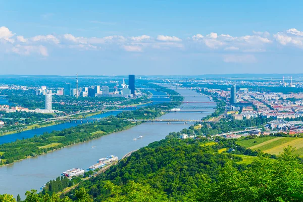 Aerial View Danube River Donauinsel Island Vienna International Center Kahlenberg — Stockfoto