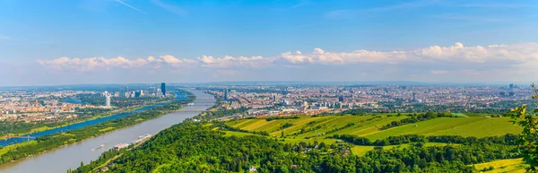 Viyana 'daki Kahlenberg Tepesi' nden Danube Nehri, Donauinsel Adası ve Viyana Uluslararası Merkezi 'nin havadan görünüşü