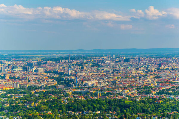 Aerial view of the historical center of vienna including stephamsdom cathedral belvedere palace, karlskirche church and myn other sights from kahlenberg hill