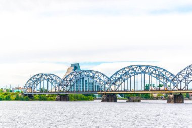 View of the Latvian national library situated next to a railway bridge in Riga, Latvia