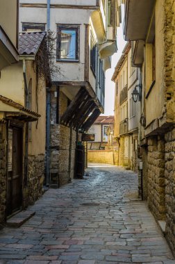 view of a typical street in the historical street of ohrid, macedonia.