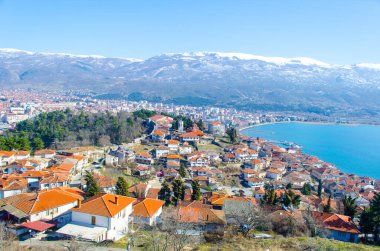  Macaristan 'daki Unesco Dünya Mirası Şehri' nin havadan görünüşü. Çar Samuel Kalesi 'nin tepesinden alınan fyrom..