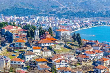  aerial view of unesco world heritage city ohrid in macedonia, fyrom taken from the top of fortress of tzar samuel.