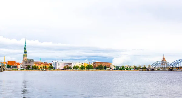 Panorama Riga Including Saint Peters Church Zeppelin Hangars Academy Sciences — Foto Stock