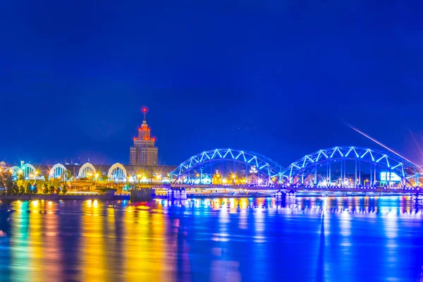 Night View Zeppelin Hangars Academy Sciences Building Next Steel Railway — Stock Photo, Image