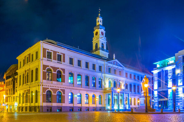 Night view of the town hall of the Latvian capital Riga, Latvia