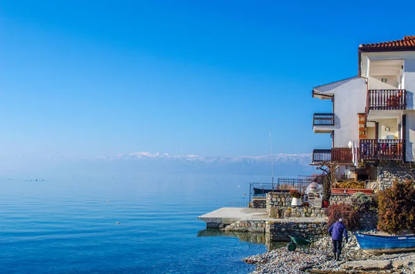 Kilátás Egy Tipikus Házak Szélén Található Ohrid Unesco Örökség Város — Stock Fotó