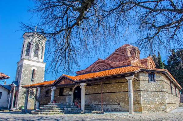 Bellská Věž Svatého Bogorodica Perivlepta Dominuje Starému Ochridu Makedonské Republice — Stock fotografie