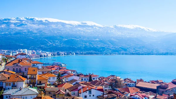 Αεροφωτογραφία Ακτής Στην Μακεδονική Πόλη Ohrid Οποία Περιλαμβάνεται Στον Κίνδυνο — Φωτογραφία Αρχείου