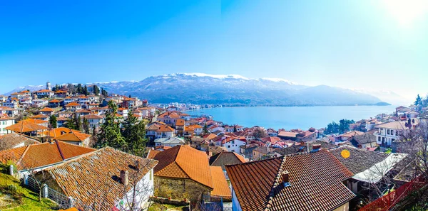 Vista Aérea Una Costa Ciudad Macedonia Ohrid Que Está Incluida —  Fotos de Stock