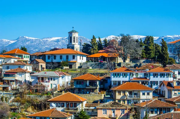 Den Giottos Klocktorn Kyrkan Bogorodica Perivlepta Dominerar Gamla Ohrid Republiken — Stockfoto