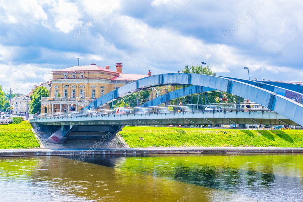 Steel bridge over river Neris and The Wroblewski Library of the Lithuanian Academy of Sciences in Vilnius