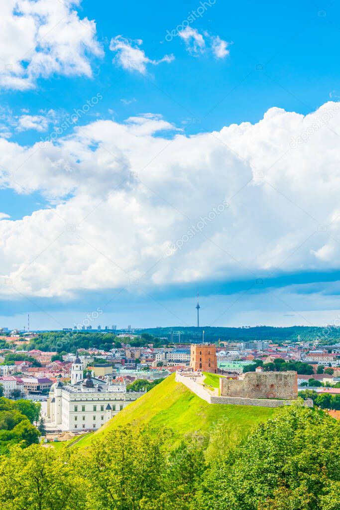 Aerial view of the Gediminas castle with the lithuanian capital vilnius behind it